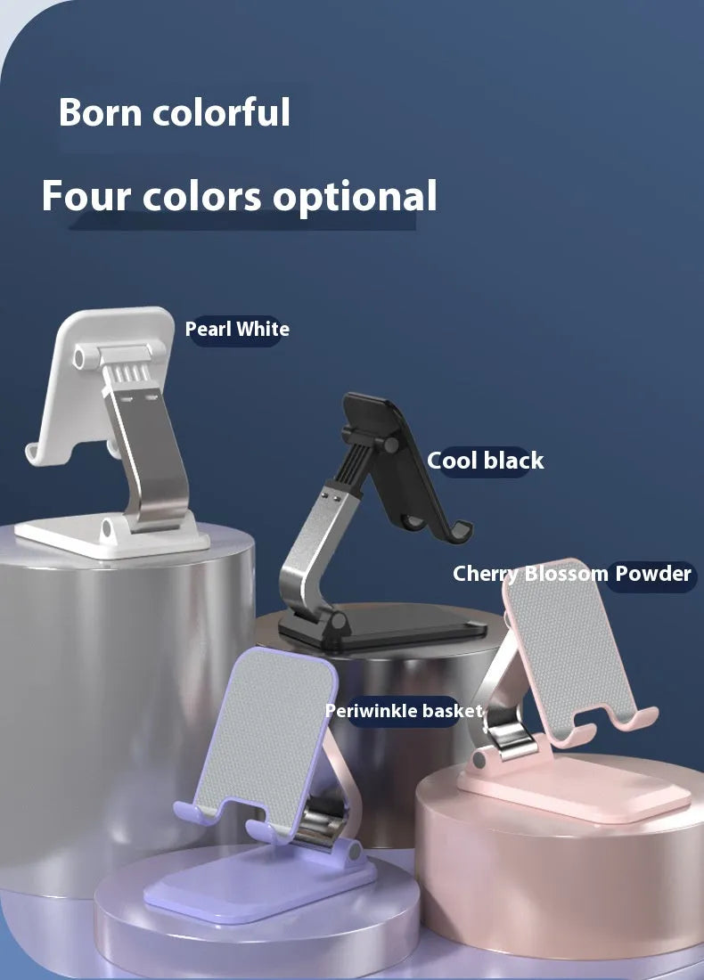 Foldable universal phone holder in black or white for bedside and desktop use