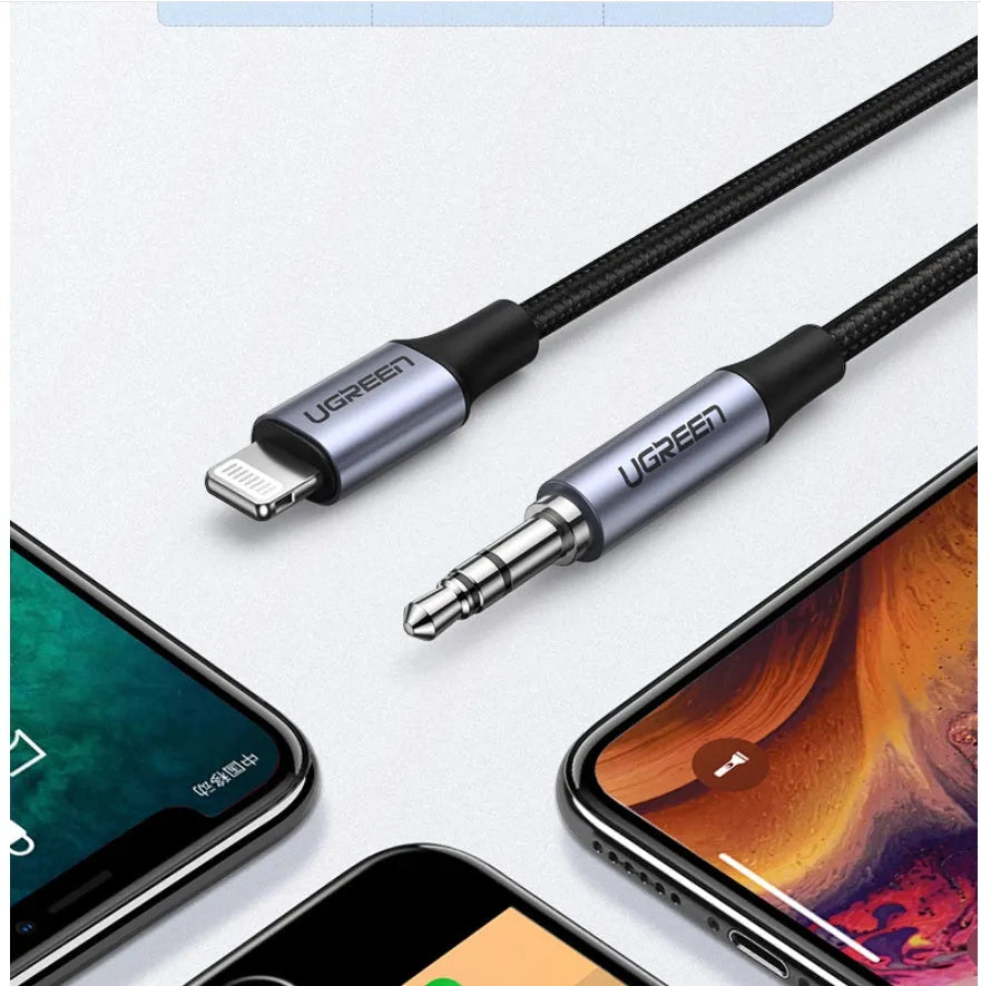 Black Apple Lightning to 3.5mm audio cable adapter with braided cable for car use