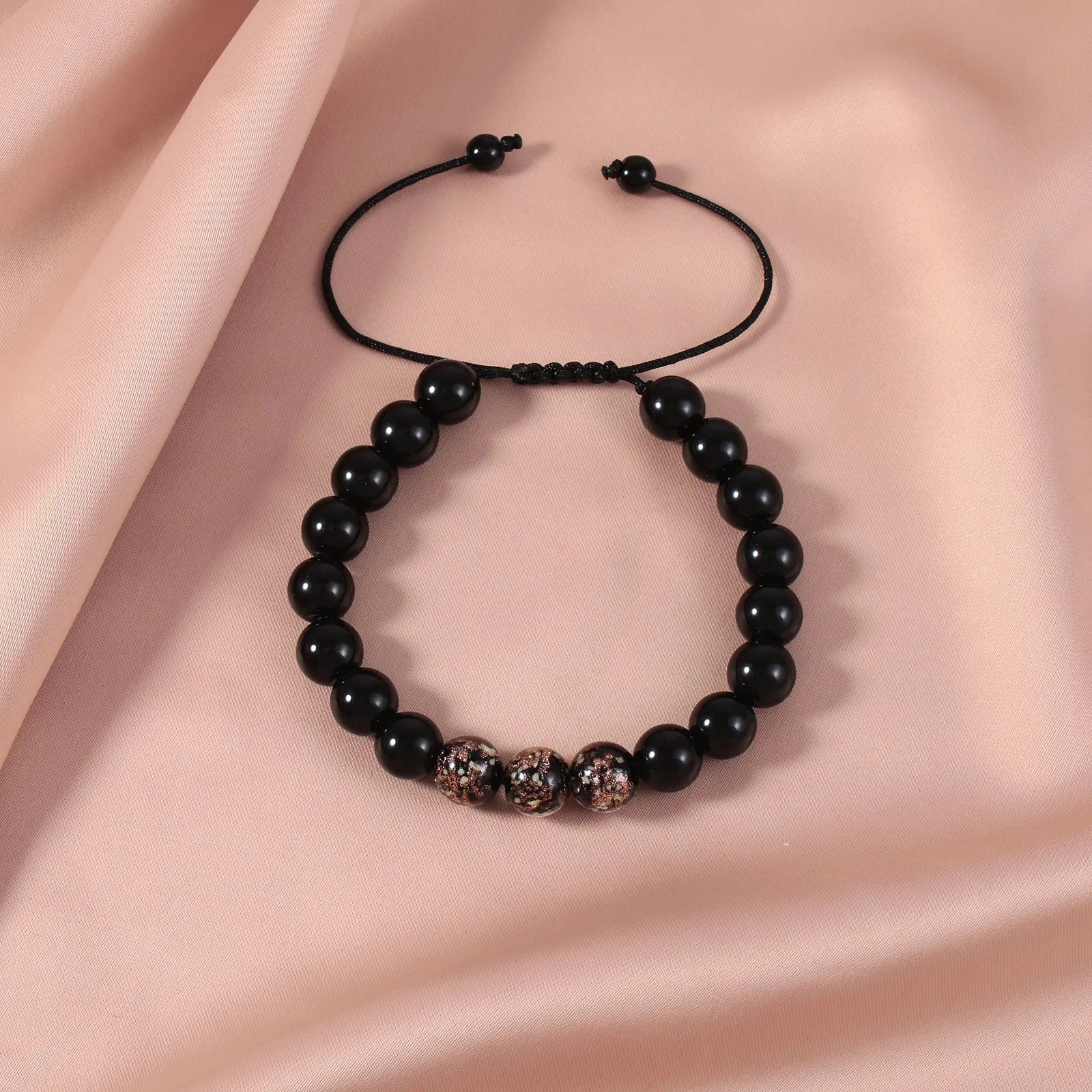 Adjustable luminous glass bead bracelet in geometry shape with coloured glaze finish
