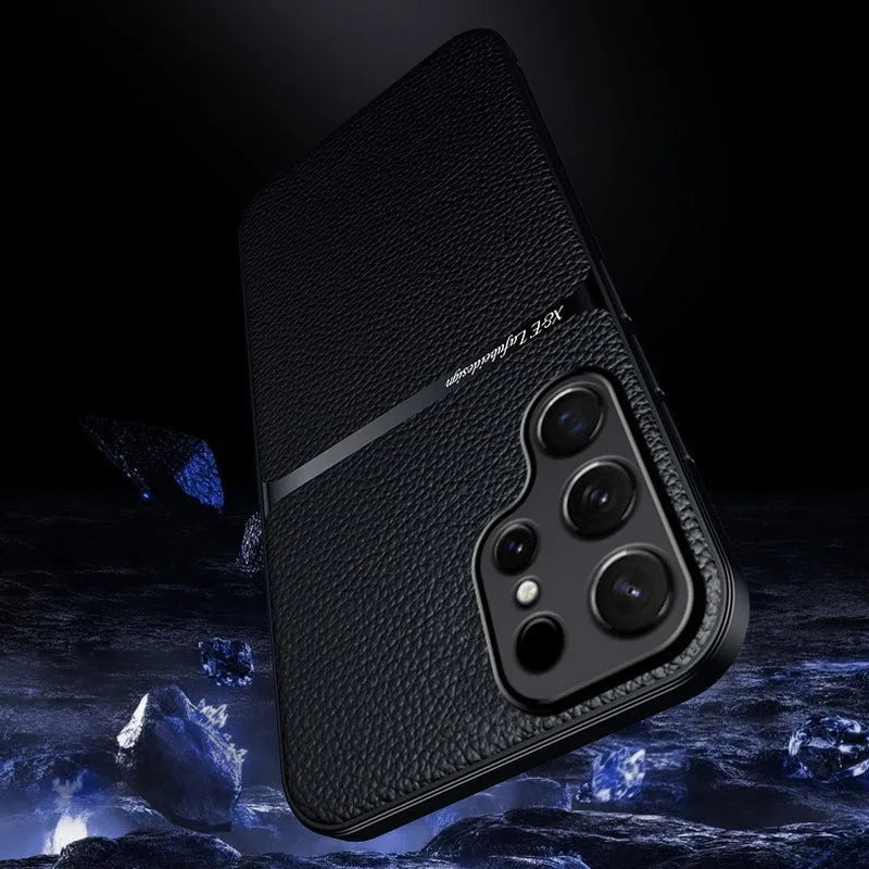 Litchi leather pattern Samsung phone case with embossed plaid design and magnetic anti-fall cover in Still Night Black.