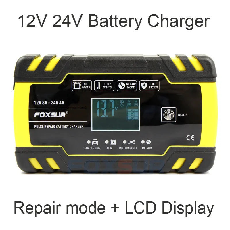 12V 24V battery charger for motorcycles and cars with a digital screen display.