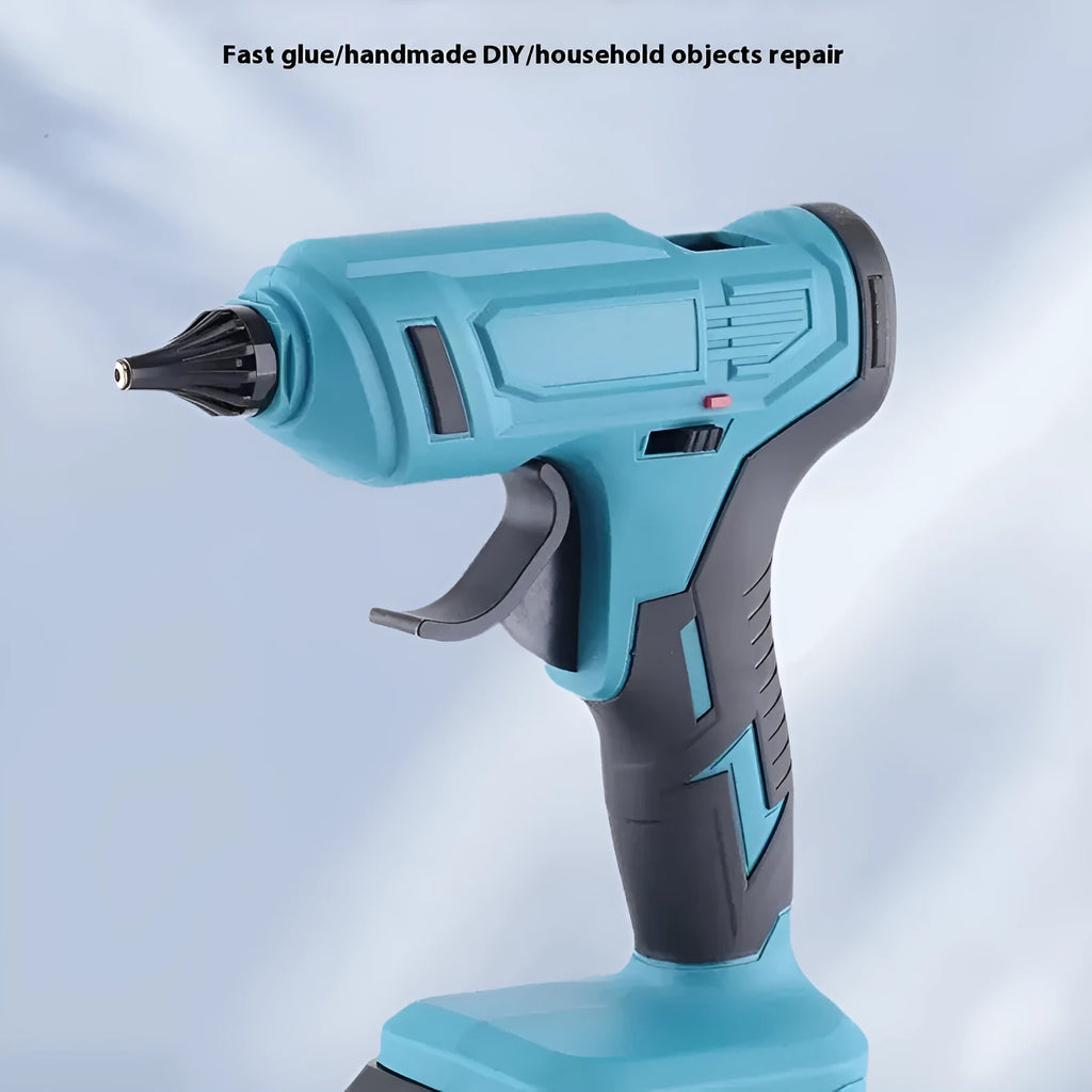 Handheld bare metal rechargeable hot melt glue gun with battery, charger, and glue sticks.