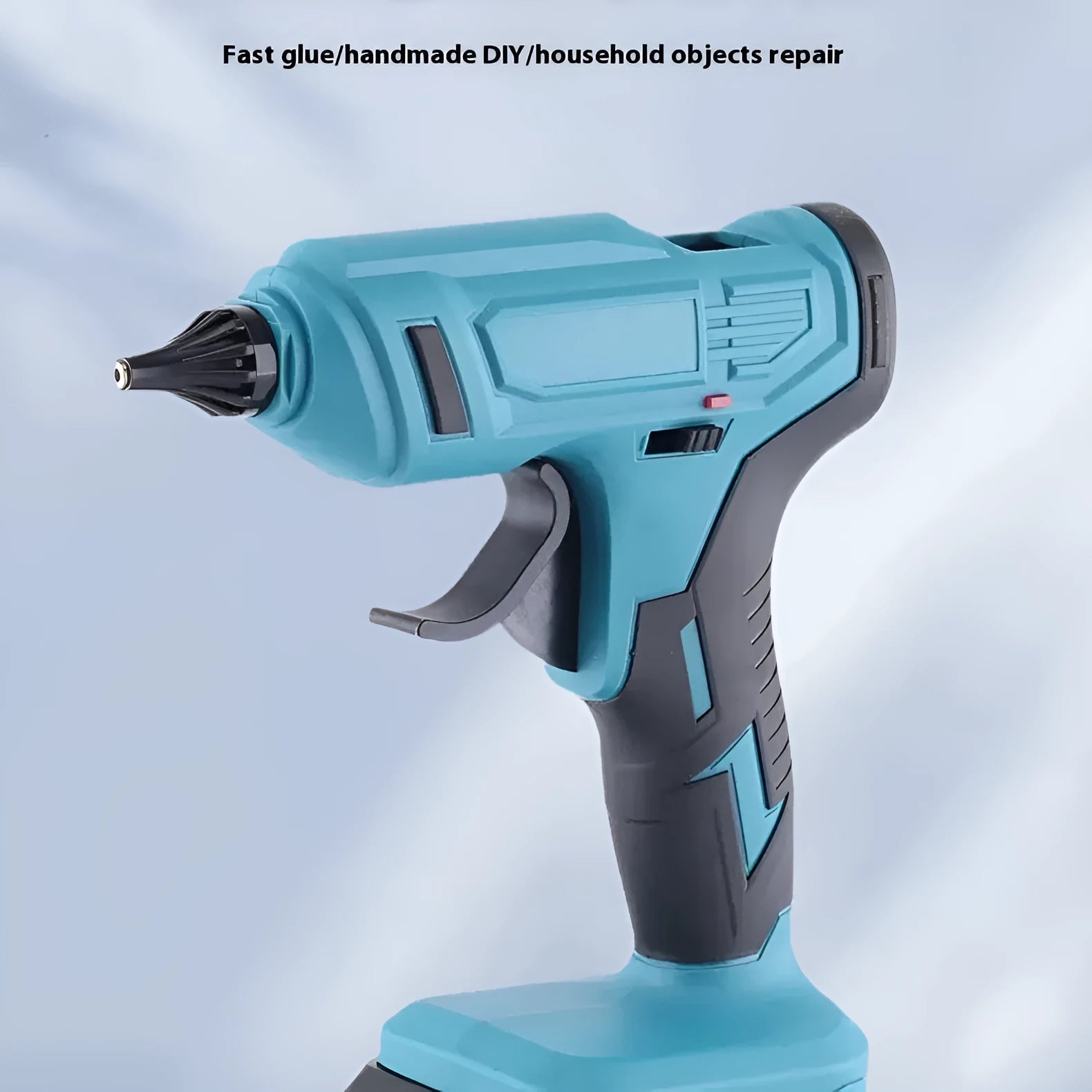 Handheld bare metal rechargeable hot melt glue gun with battery, charger, and glue sticks.