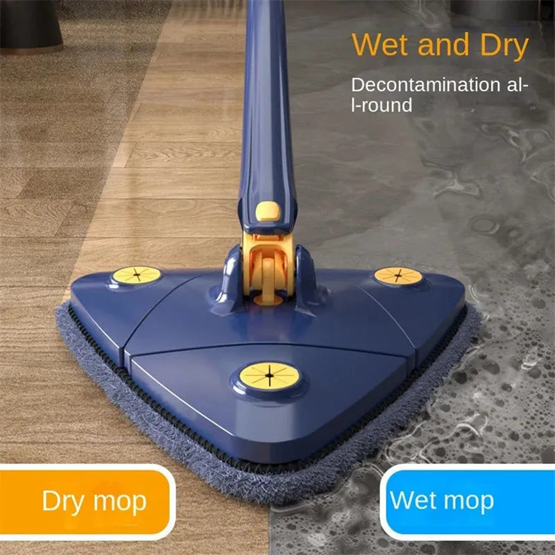Extendable blue triangle mop with 360 rotating head and automatic water squeezing mechanism