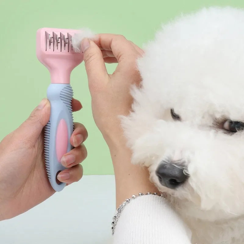 Pink stainless steel dog comb with knot knife edge and massage brush for pet grooming