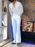 White polyester three-piece men's outfit showing V-neck shirt, sleeveless vest, and full-length trousers