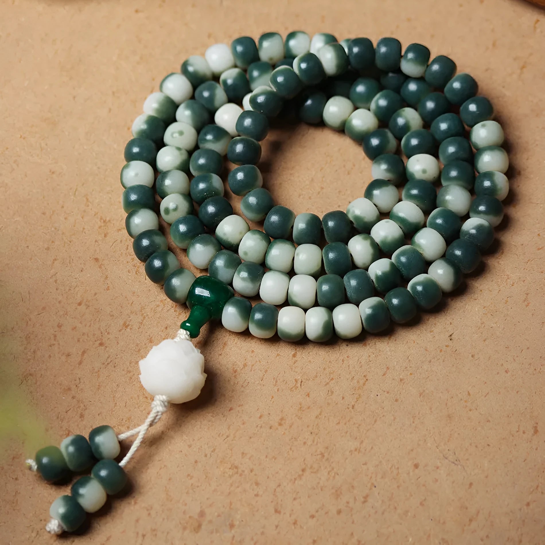 Lotus white jade bodhi root bracelet with floating flowers landscape pattern on 8 × 10mm beads
