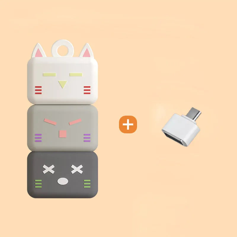 Mini cartoon USB flash drive with OTG and Type-C adapter in blue, grey, or red, 32G to 128G