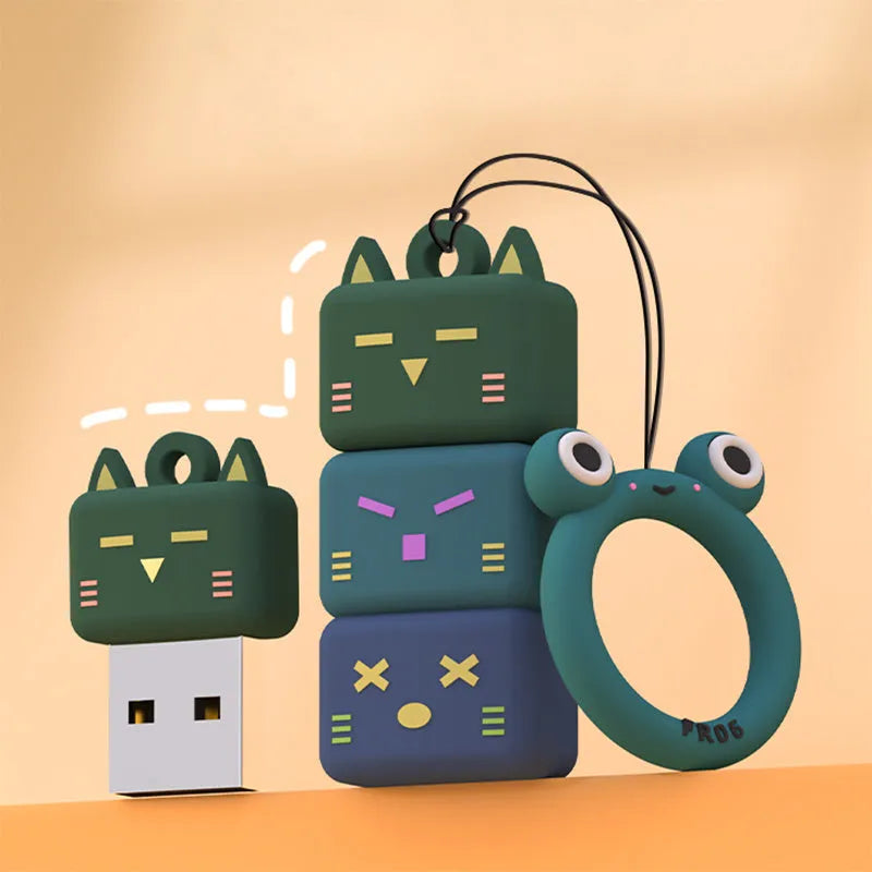 Mini cartoon USB flash drive with OTG and Type-C adapter in blue, grey, or red, 32G to 128G