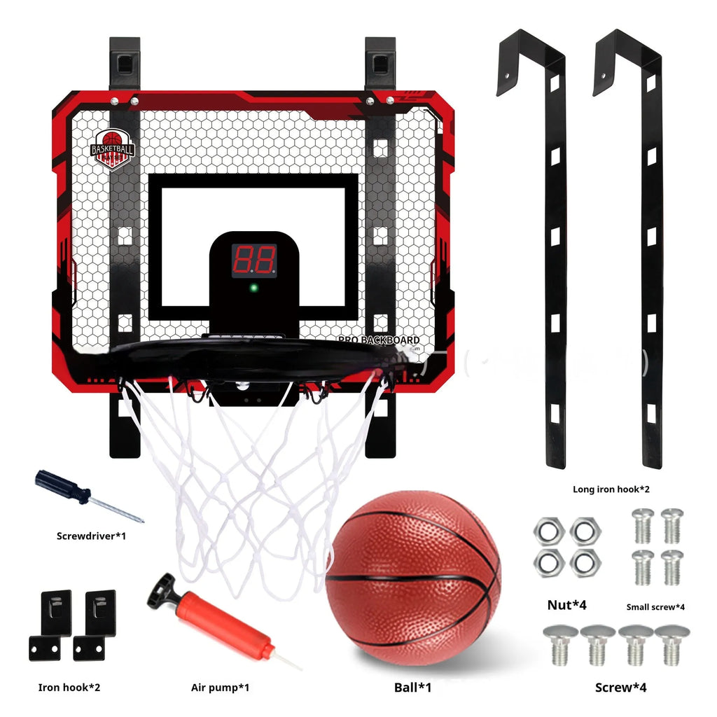 Red and blue folding basketball frame with suction cups, shown in dunking and scoring positions.