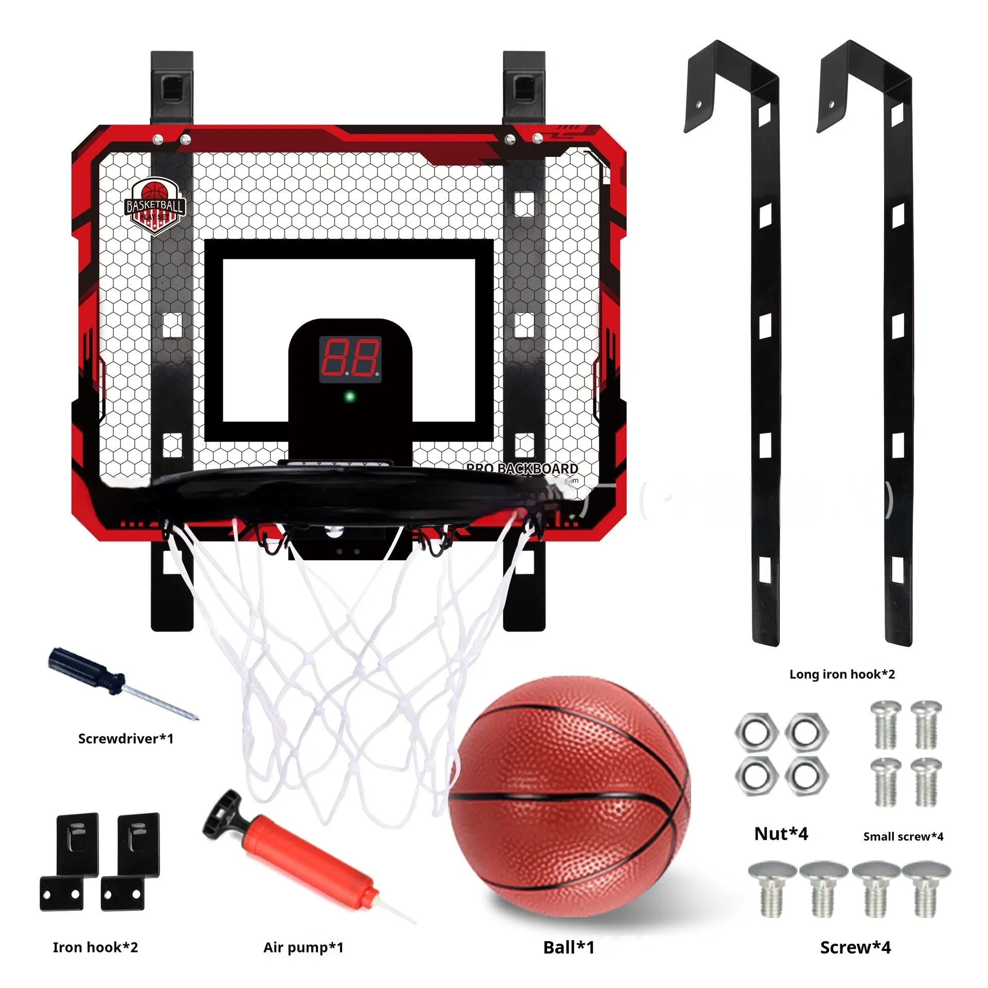 Red and blue folding basketball frame with suction cups, shown in dunking and scoring positions.