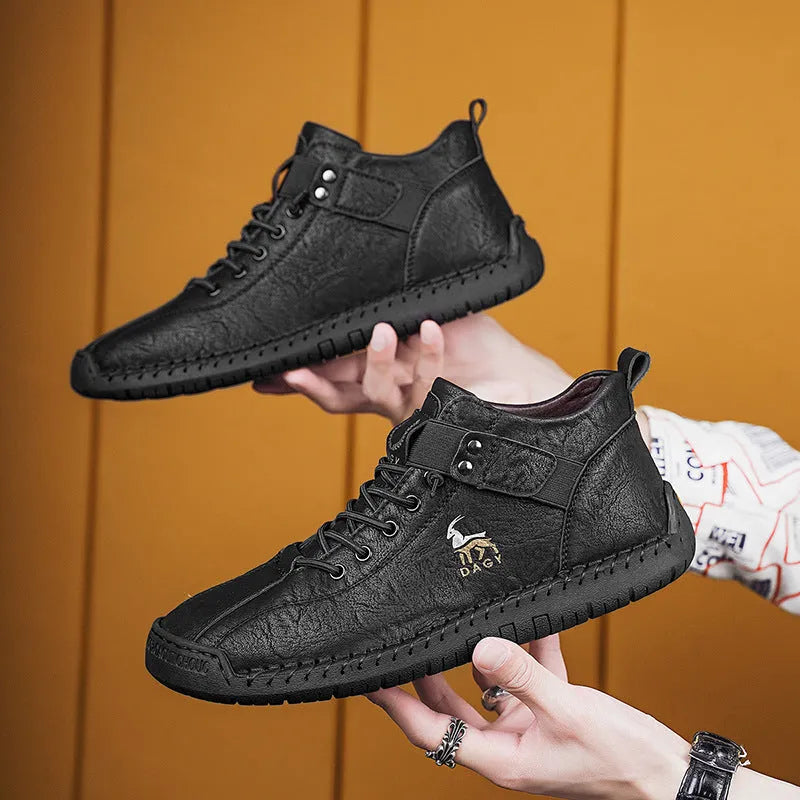 Men's casual sneakers in black with microfiber upper, rubber sole, lace-up front, and car stitching detail
