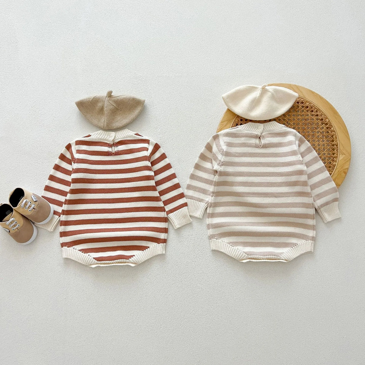 Cotton baby romper long sleeve triangle jumpsuit in grey or coffee stripes, sizes 66cm to 100cm
