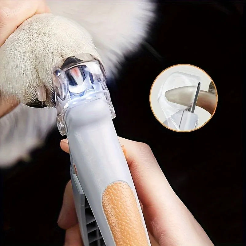 Yellow LED pet nail trimmer with magnifying glass, lights, and steel blades for cats and dogs