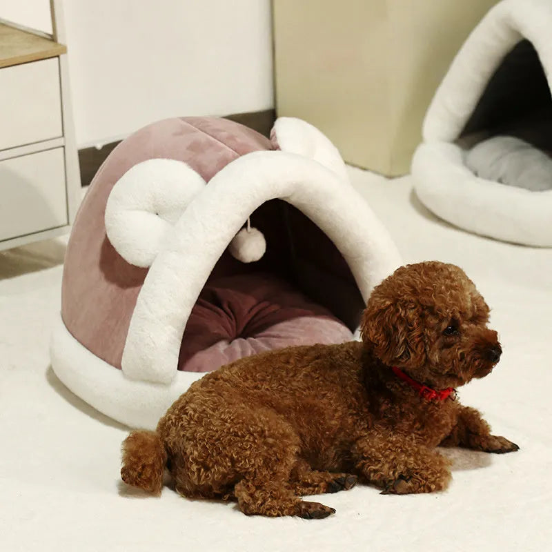 Self-warming fleece pet tent cave bed for cats and small dogs in coffee colour