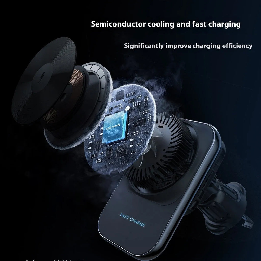S16 black magnetic car wireless charger with semiconductor cooling, electroplated frame, and CD lens surface