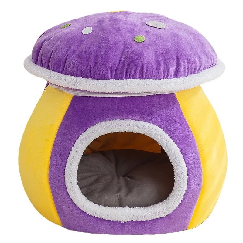 Grey mushroom-shaped plush cat nest bed with a detachable inner blanket, shown with a cat inside.
