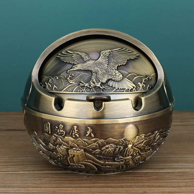 Creative bronze and red copper alloy ashtray with smoke extinguishing slot in various decorative styles.