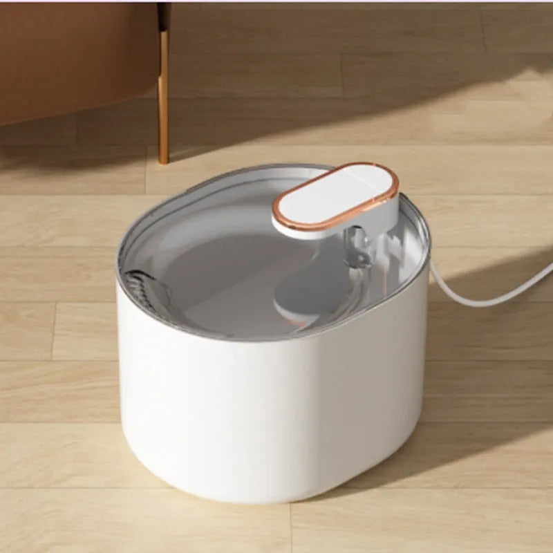 Automatic pet water fountain with USB cable, showing detachable bowl, pump, and filter in Berlin Blue colour.