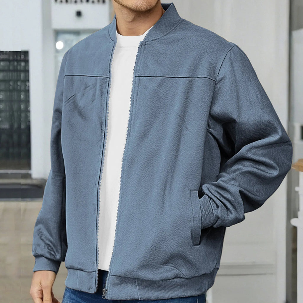 Men's suede flight jacket in solid colour with long sleeves, round hem, and punk style