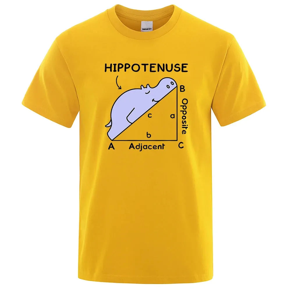 Humorous Hippotenuse Opposite Adjacent graphic printed on a loose-fit cotton T-shirt.