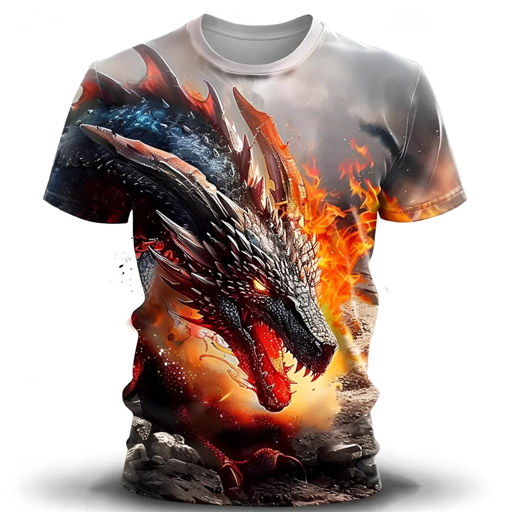 Men's grey T-shirt with a large 3D wind dragon graphic print on the front.