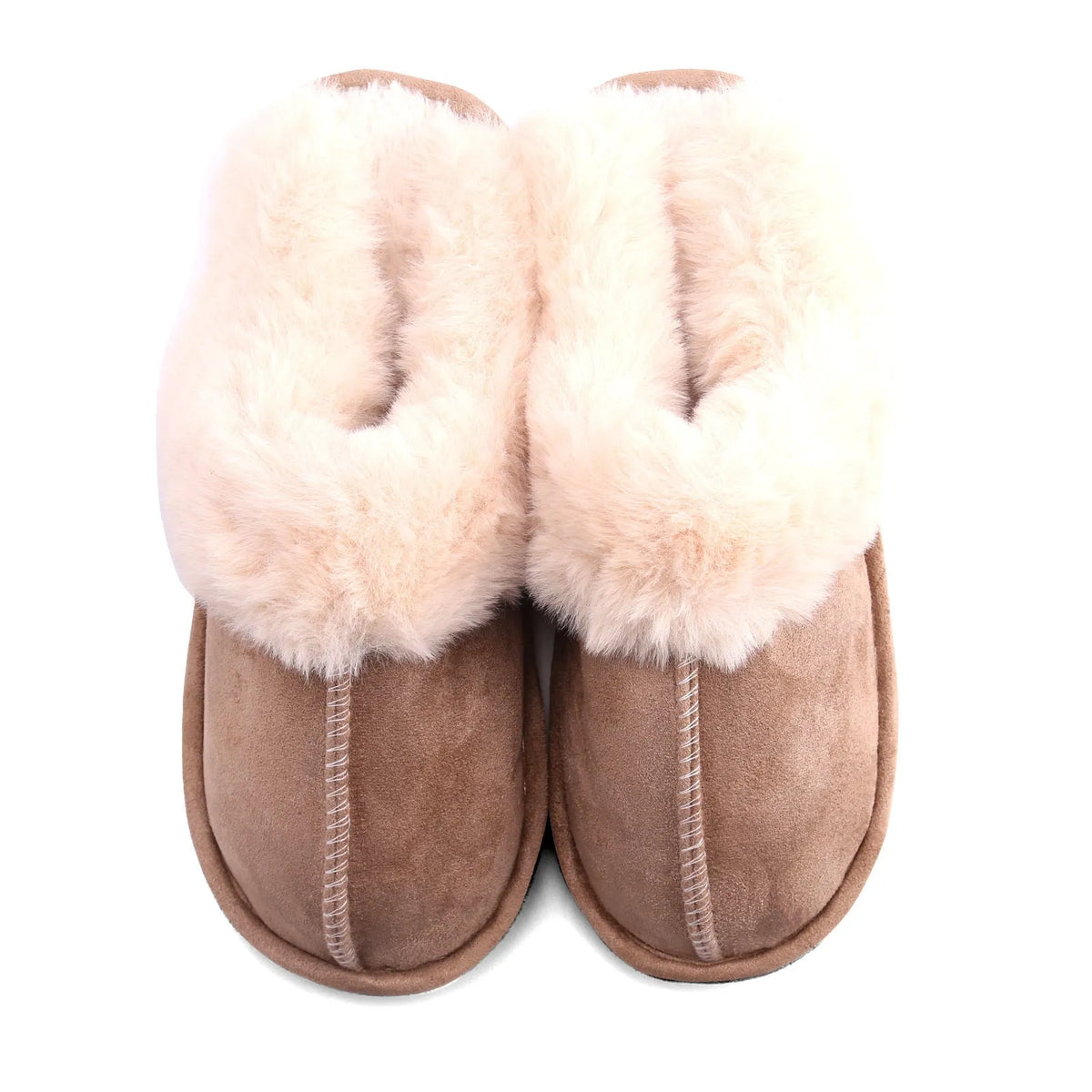 Fur furry plush house slippers with super soft velvet upper and TPR sole, shown in grey, pink, khaki, brown, off white, and brick red