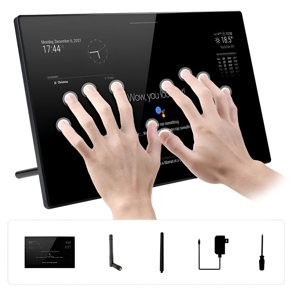 13.3-inch black touch screen display with integrated CM4 board for voice assistant applications.