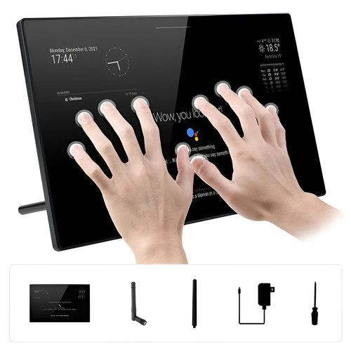 13.3-inch black touch screen display with integrated CM4 board for voice assistant applications.