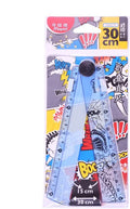 30cm widened rotary folding ruler in blue and pink resin on white background