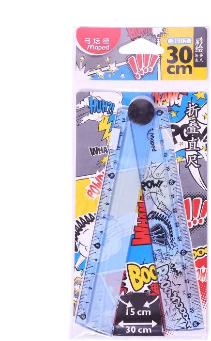 30cm widened rotary folding ruler in blue and pink resin on white background