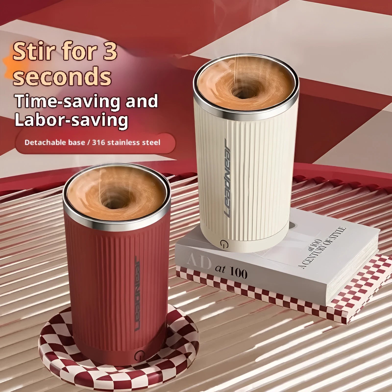 Fully automatic mixing cup in 316 stainless steel with 400ml capacity and removable base in white colour