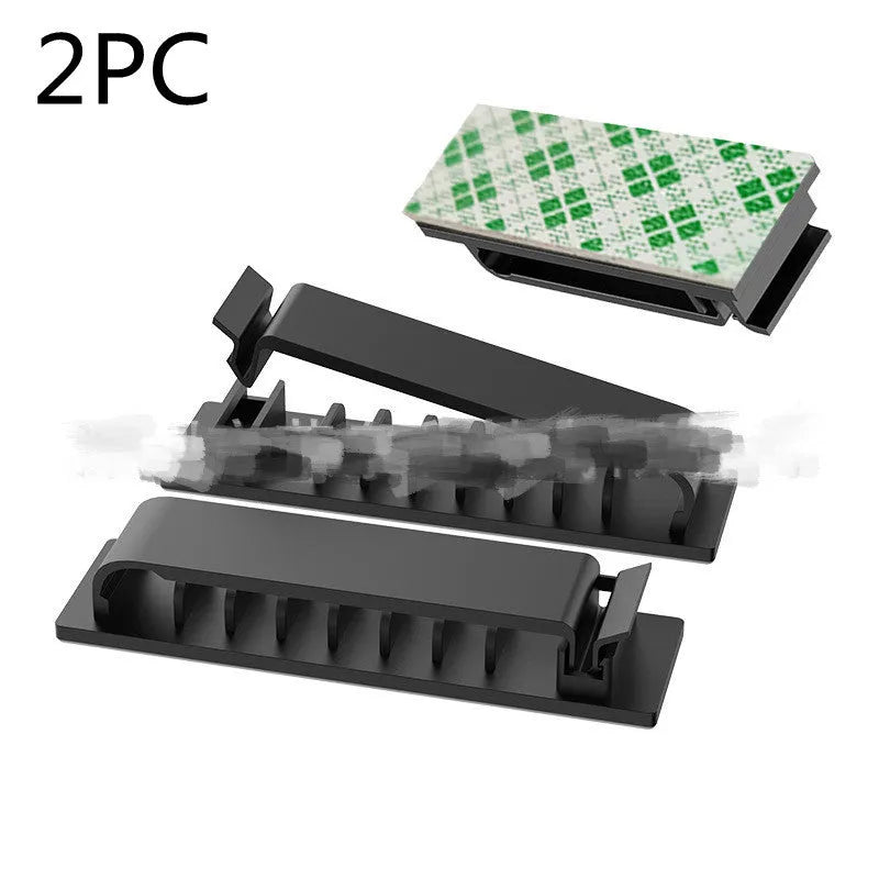 Self-adhesive plastic cable organizer clips in black or white with 1, 5, or 8 holes for charging and power cables