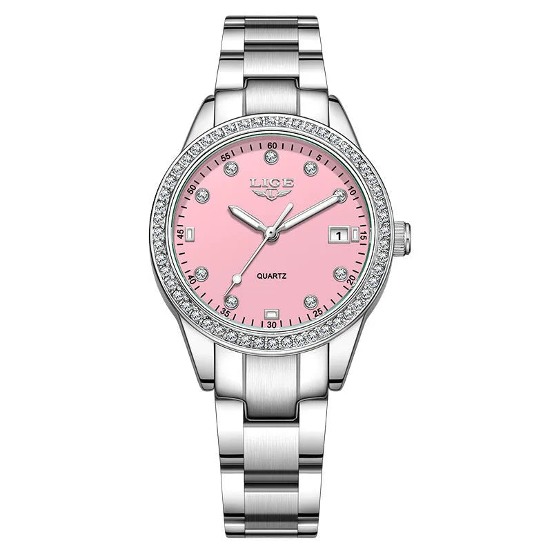 Silver stainless steel women's watch with diamond-encrusted bezel and luminous hands on a 34mm round dial.