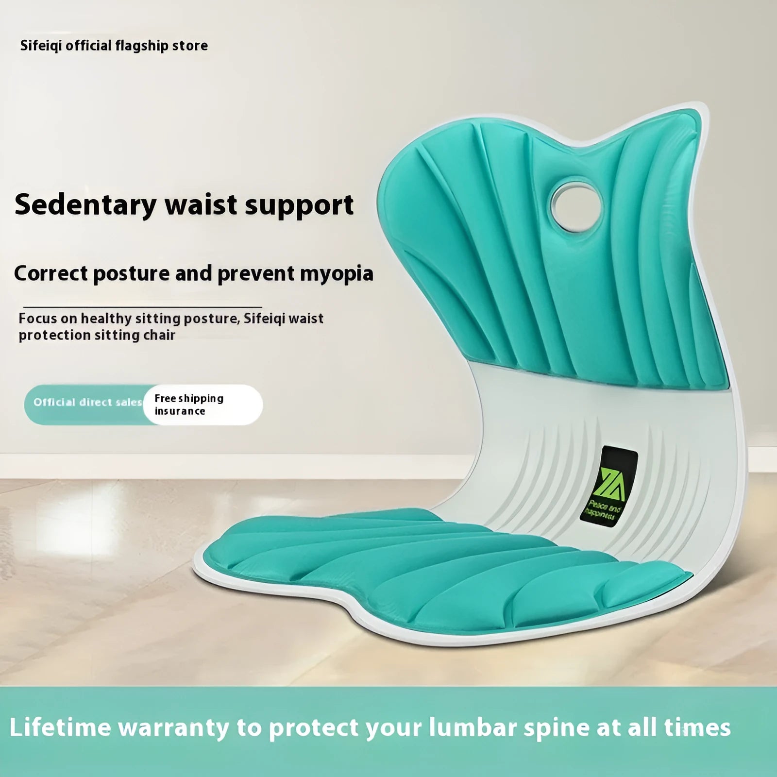 Grey ergonomic office seat cushion for waist support and posture correction on a chair.