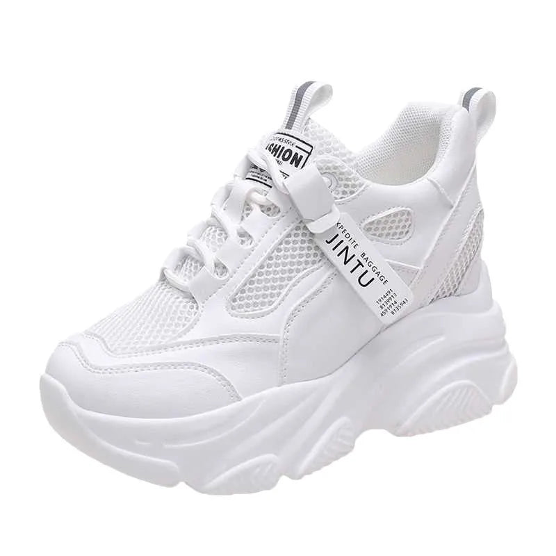 Women's black mesh platform casual shoes with hollow out design and a TPR sole.