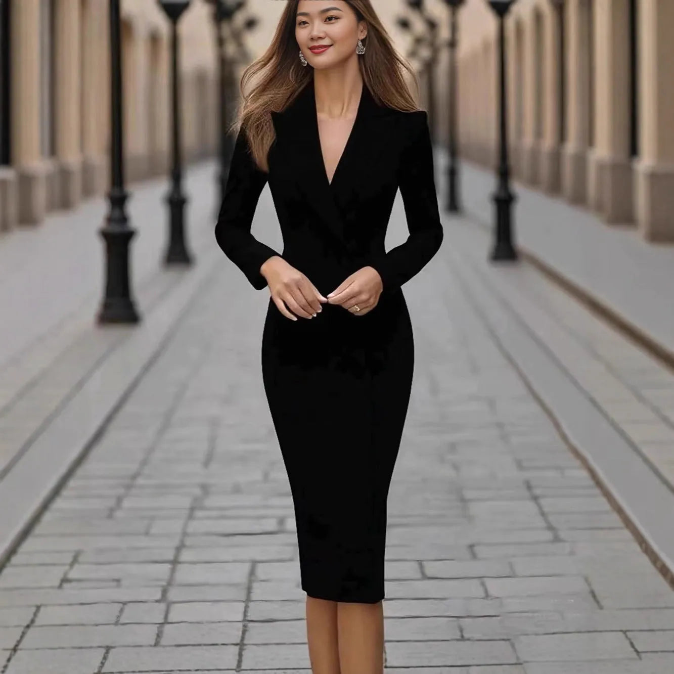 Women's single-breasted high waist coat dress in polyester fabric, available in four colours.