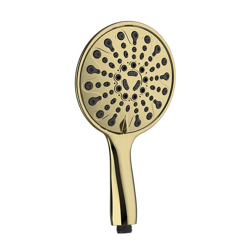 A 6-inch handheld shower head with an electroplated finish, showing its six-function dial.