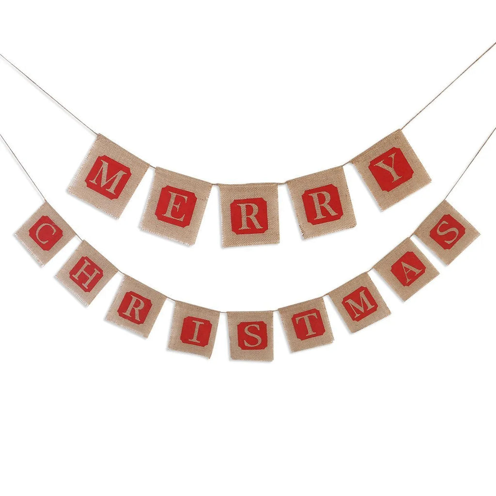 Two brown and red burlap Christmas banners with sackcloth flags hanging against a rustic backdrop.