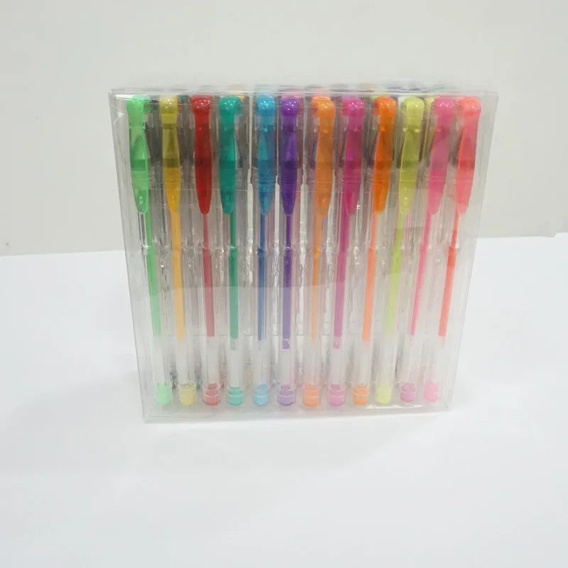 Set of 100 assorted colour gel pens and highlighter pens with plastic barrels on a white background.
