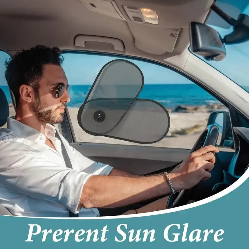 Black stretchy car side window sunshade with suction cups fitted on a car window