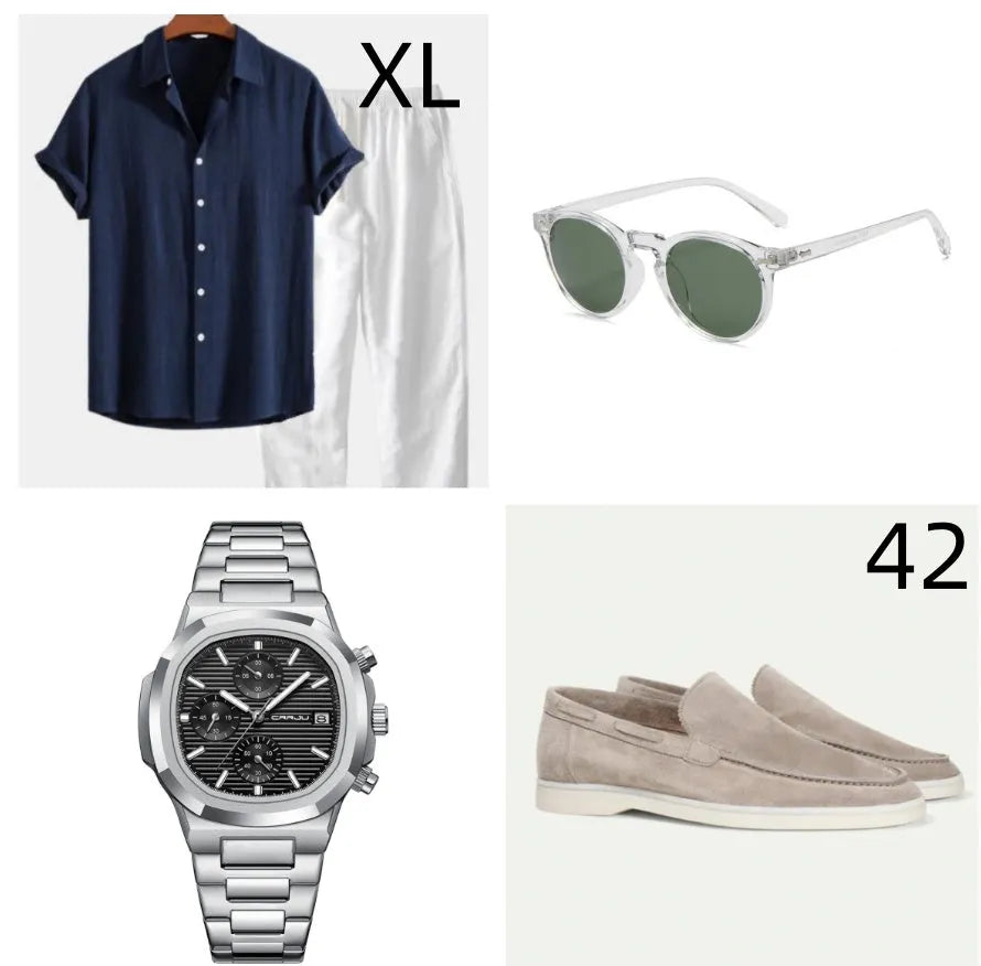 Casual loose-fitting short sleeve suit in a cotton linen blend for summer beachwear.