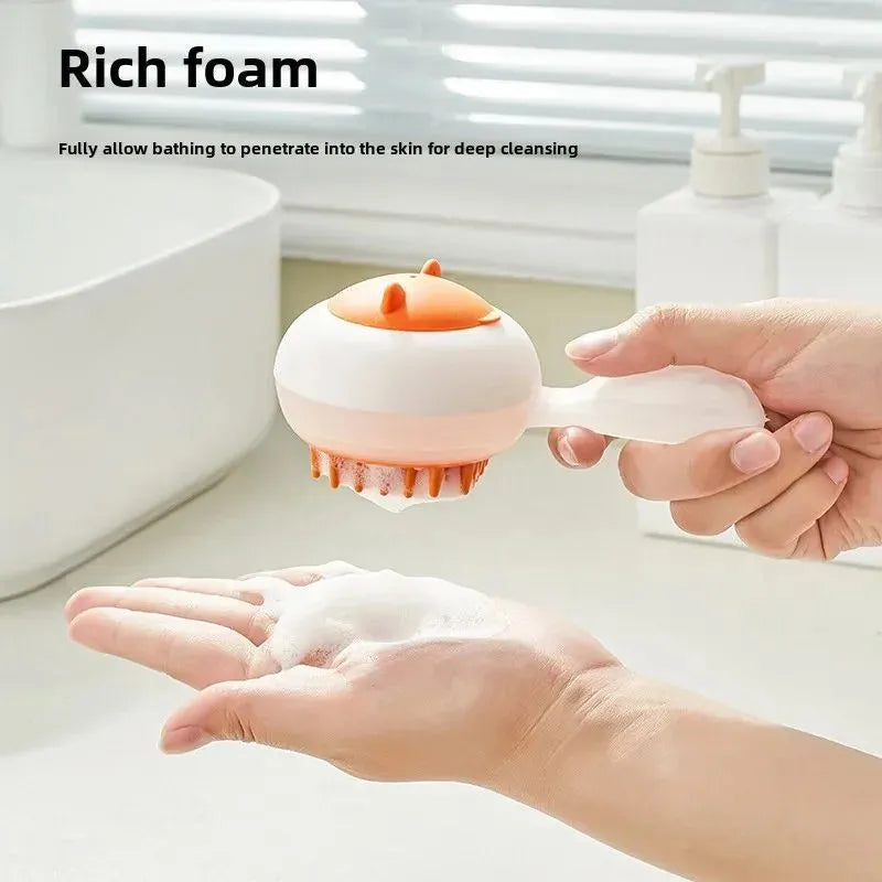 Automatic cleaning pet bath brush with soft gel massage heads in blue and orange colour options