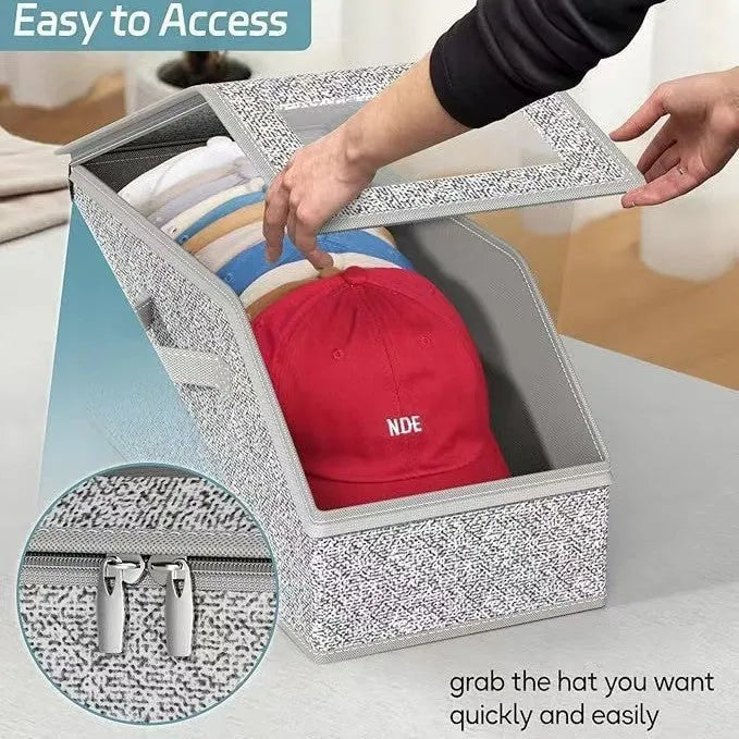 Grey foldable and stackable woven fabric storage box for organising baseball caps and shoes.