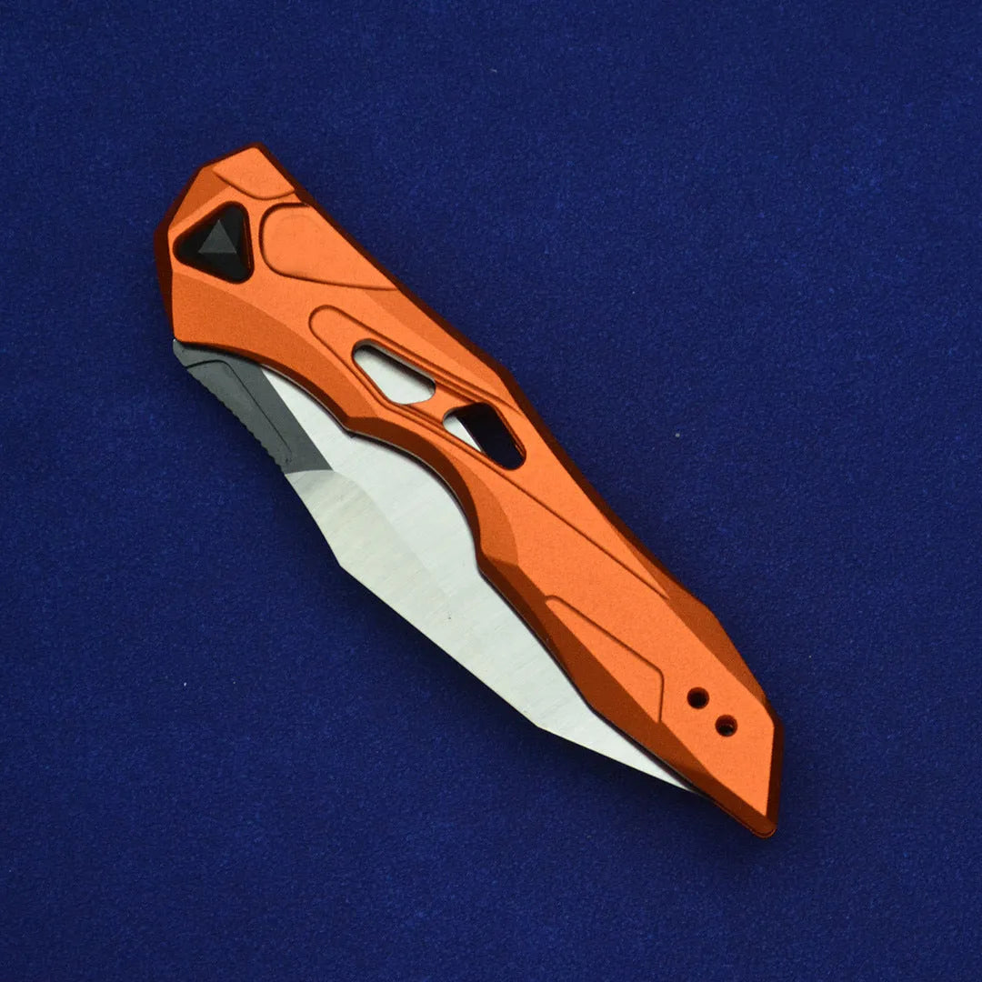 Black folding fruit knife with D2 steel blade and aluminium handle showing open and closed positions