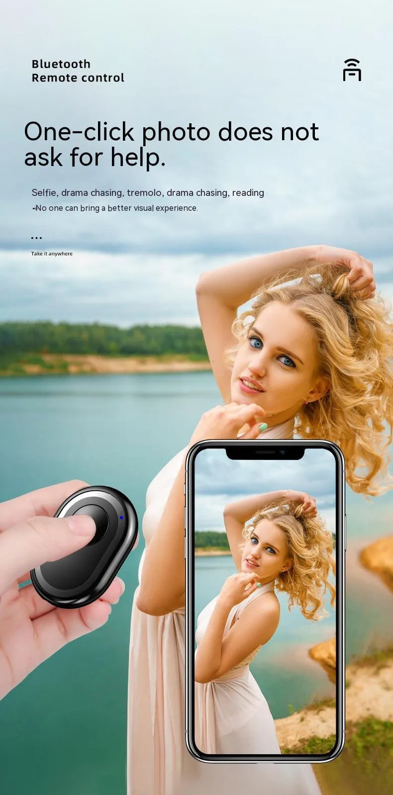 Wireless Bluetooth self-timer remote control in black, pink, and purple colours next to a smartphone.