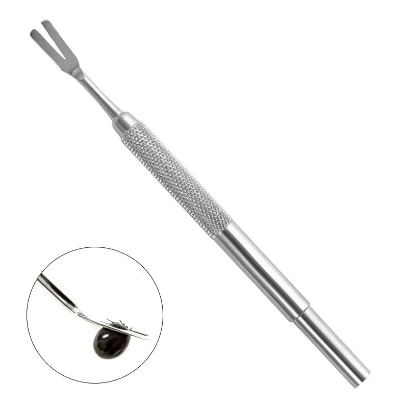 Silver stainless steel tick tweezers with fine-point tip for pet tick removal