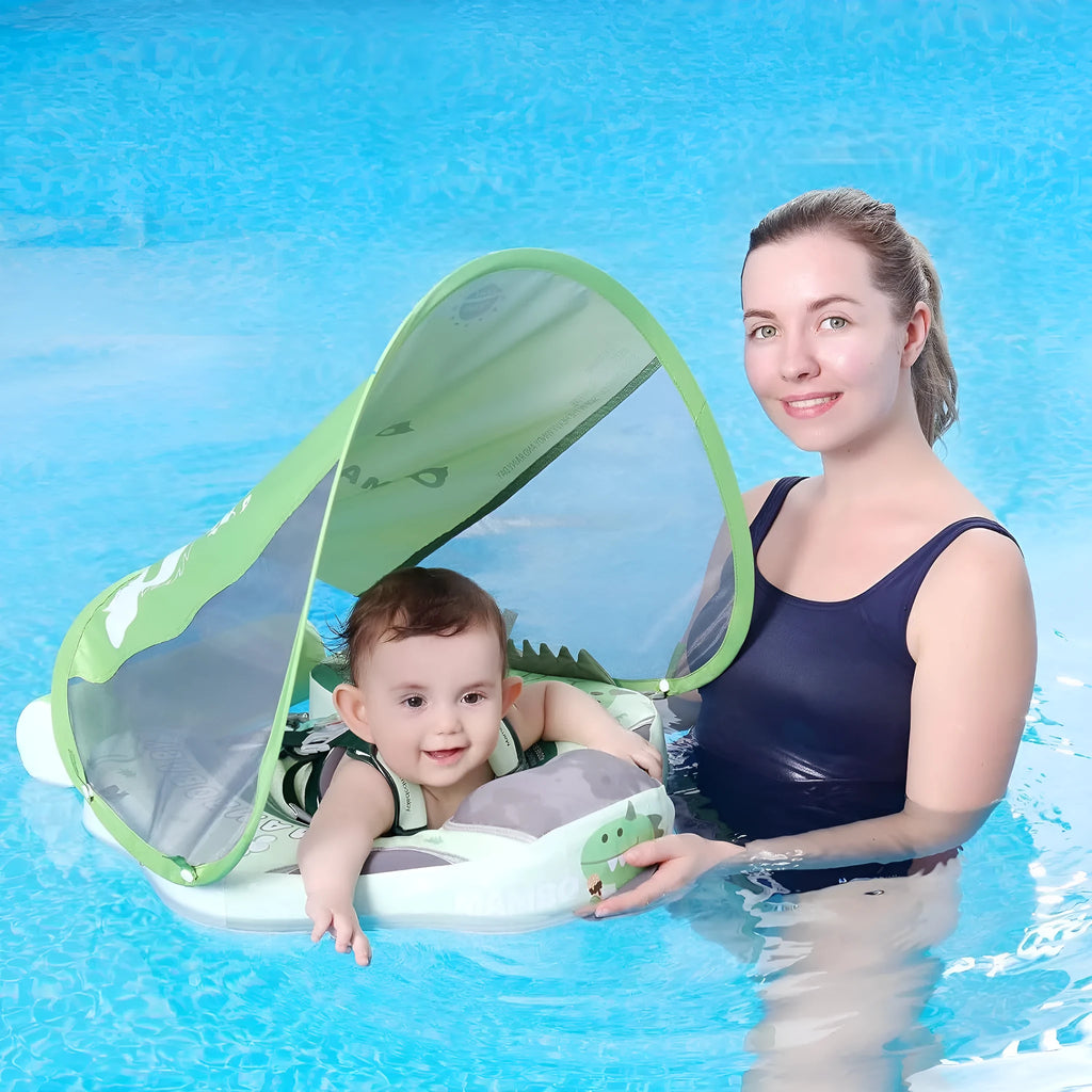 Dinosaur-themed inflatable baby swimming ring with sun shade in green colour