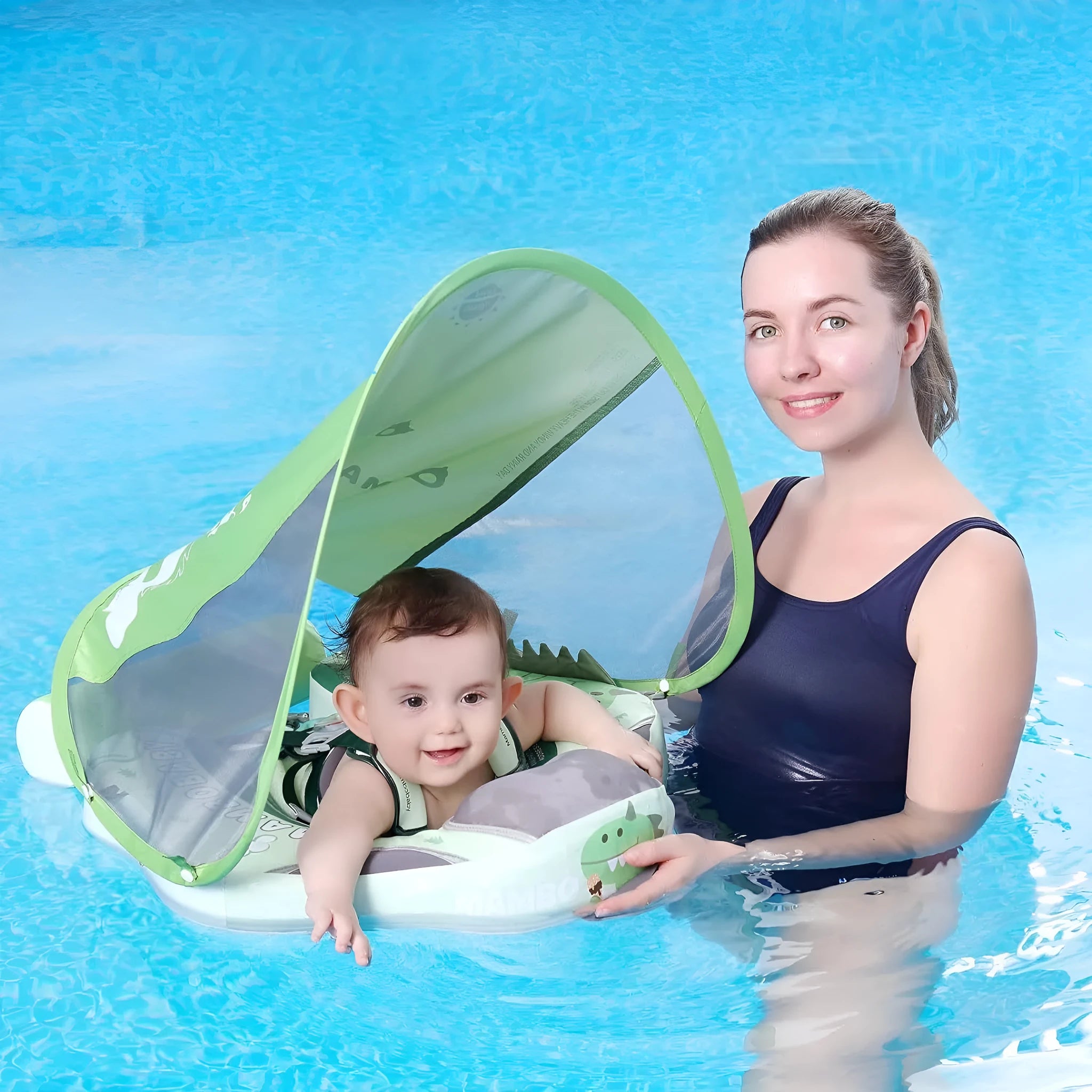 Dinosaur-themed inflatable baby swimming ring with sun shade in green colour