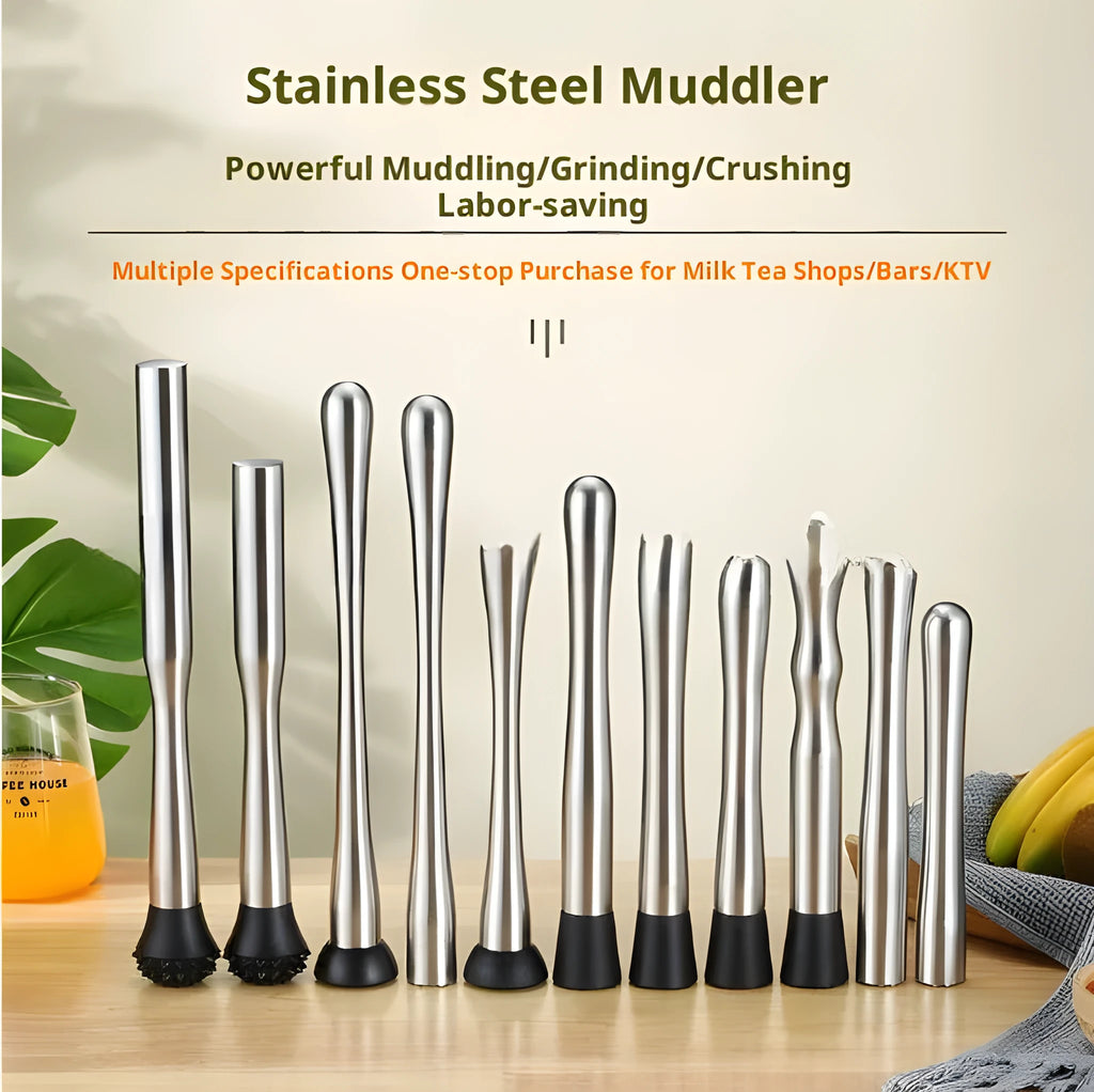 Stainless steel ice crushing hammer with 25cm straight body on a wooden bar surface